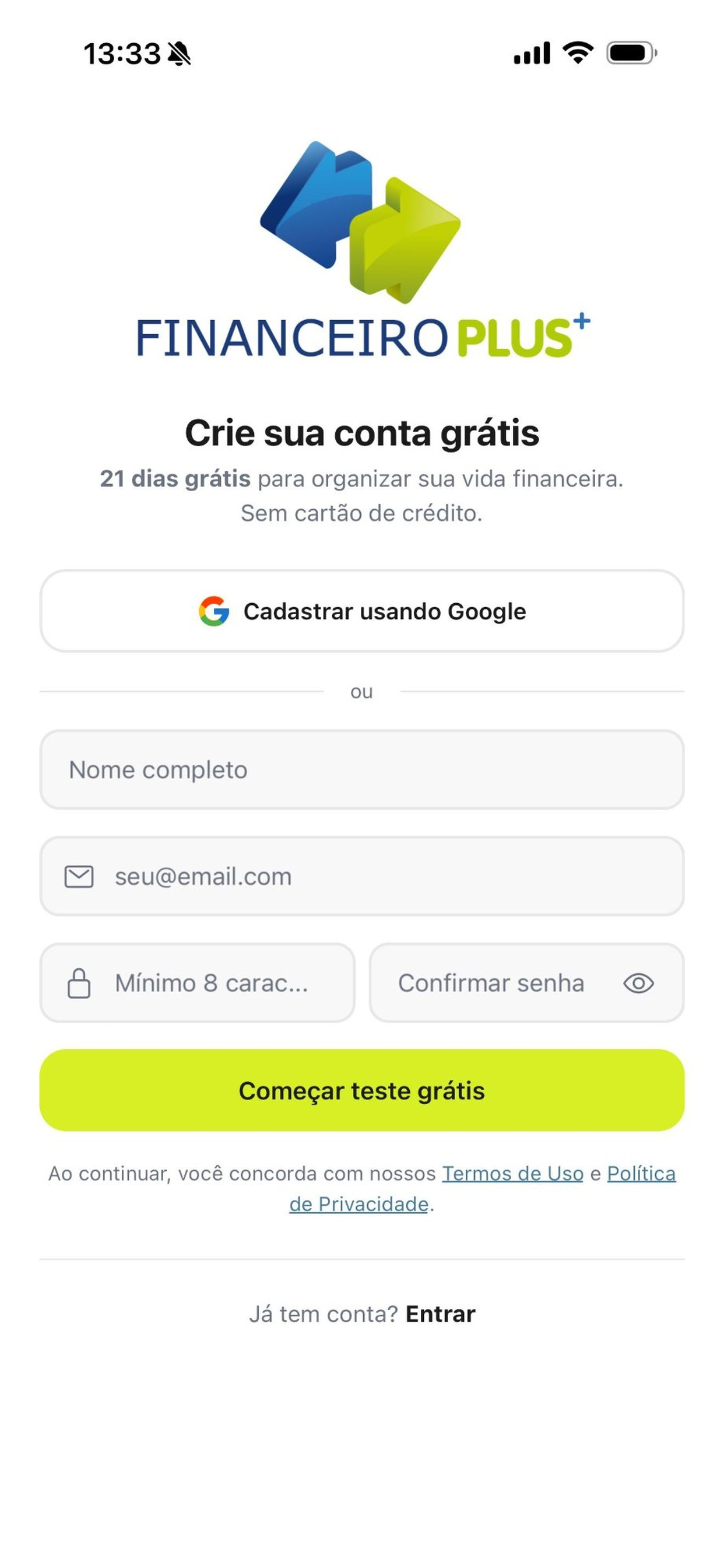 Tela de Cadastros - Plano de contas e centros de custo