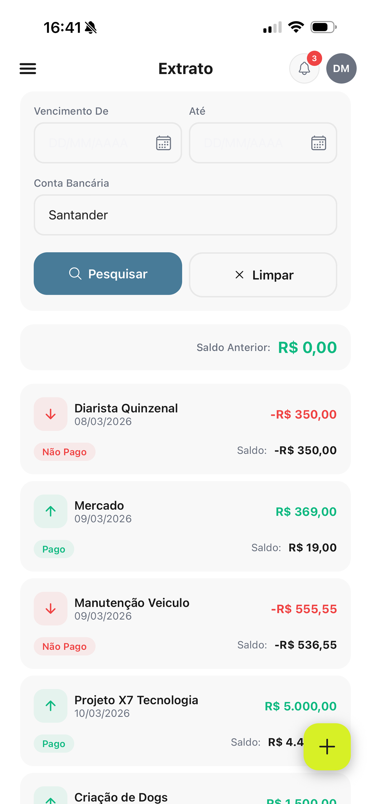 Extrato Banc&aacute;rio - Saldo corrente e transa&ccedil;&otilde;es