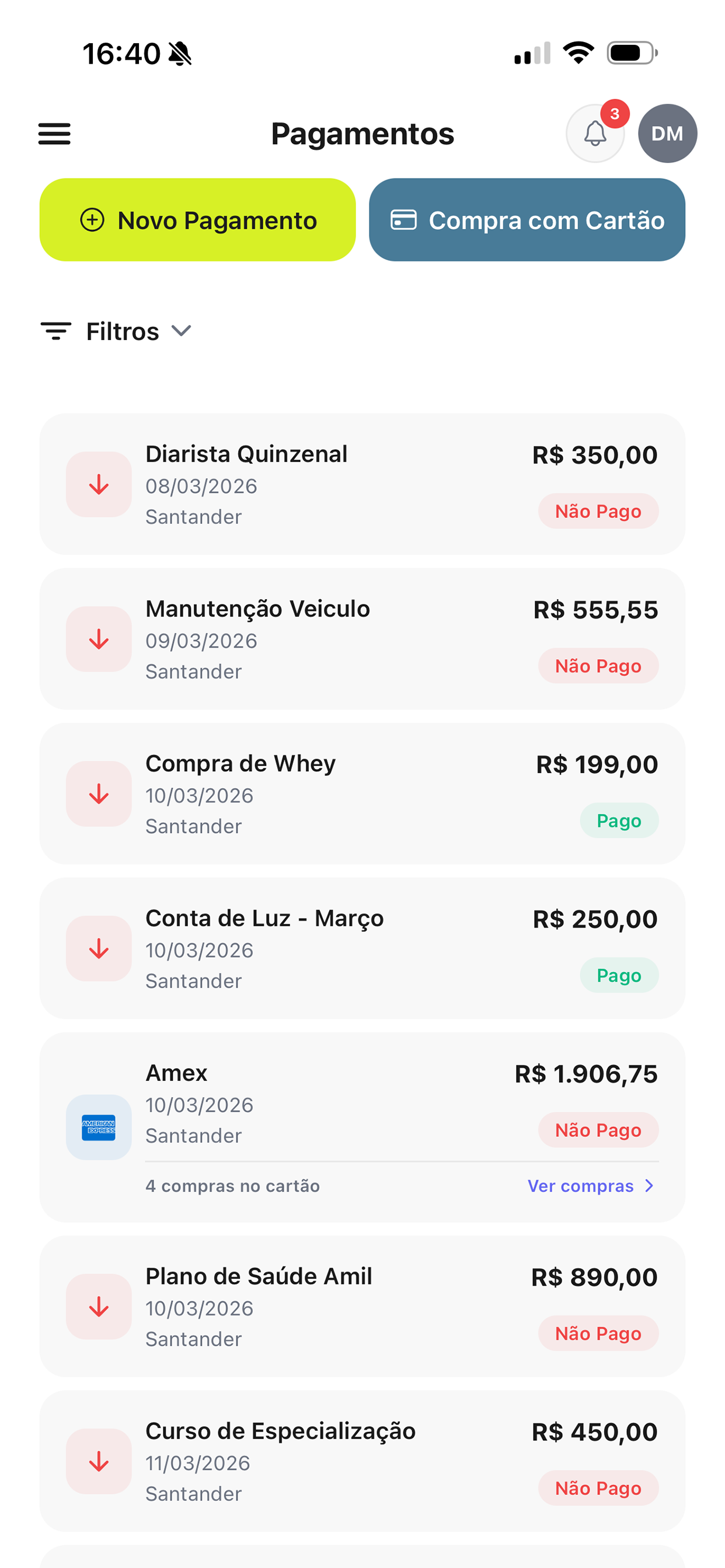Tela de Pagamentos - Lista de contas a pagar com status
